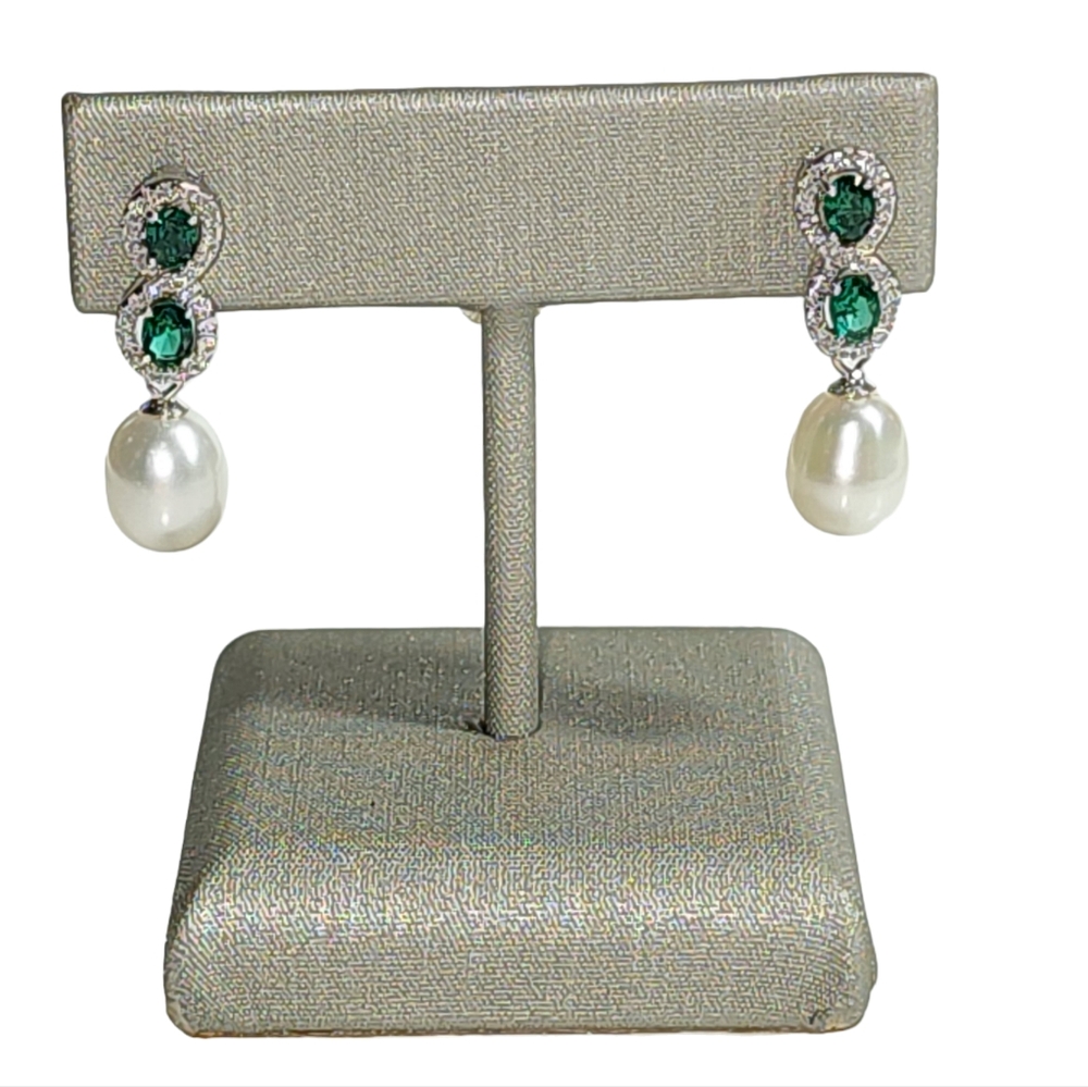 925S Green‎ Gemstones Stud Earrings With Cultured Freshwater Pearl and Zirconia